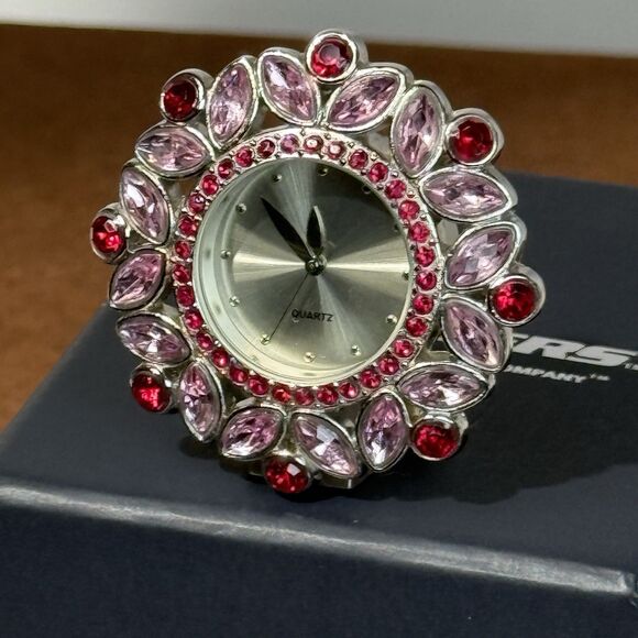 Vintage Mini Desk Clock Quartz Vanity/Dresser/Mantle Clock Pink & Red Rhinestone - Picture 3 of 7